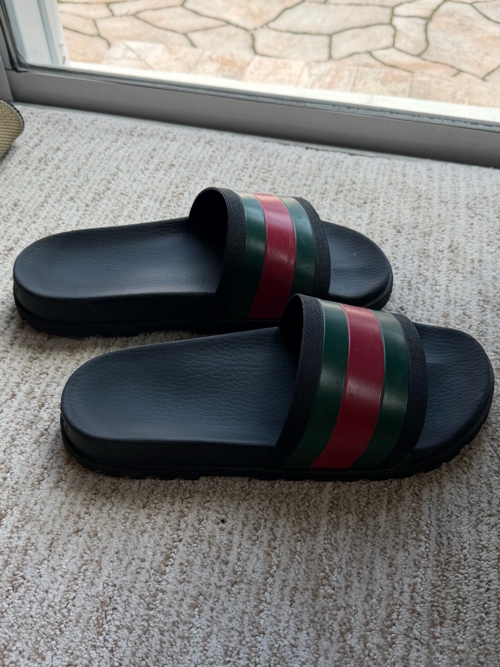 Gucci Black Slides with Green and Red Web Stripes
